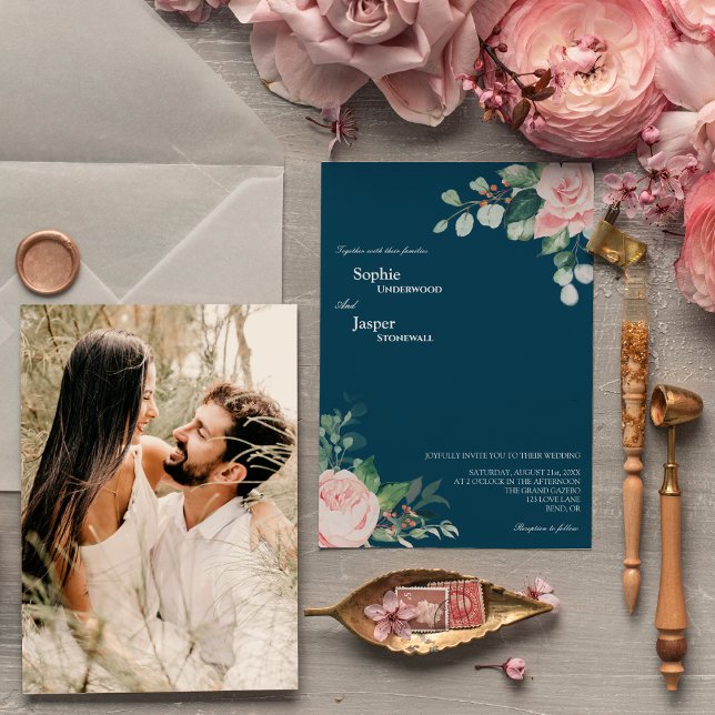 Faire-part de mariage photo Blush Floral Navy (Créateur téléchargé)