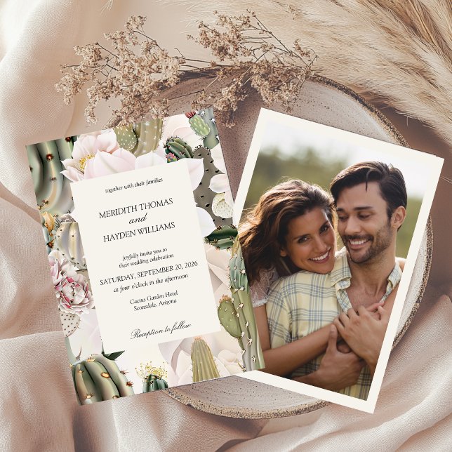 Faire-part de mariage photo boho cactus du désert (Créateur téléchargé)