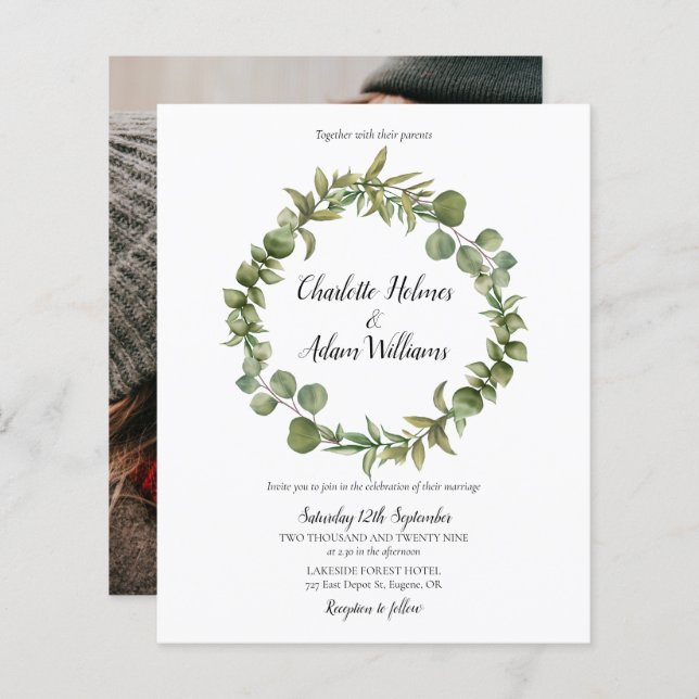 Faire-part de mariage photo Budget Green Foliage (Devant / Derrière)
