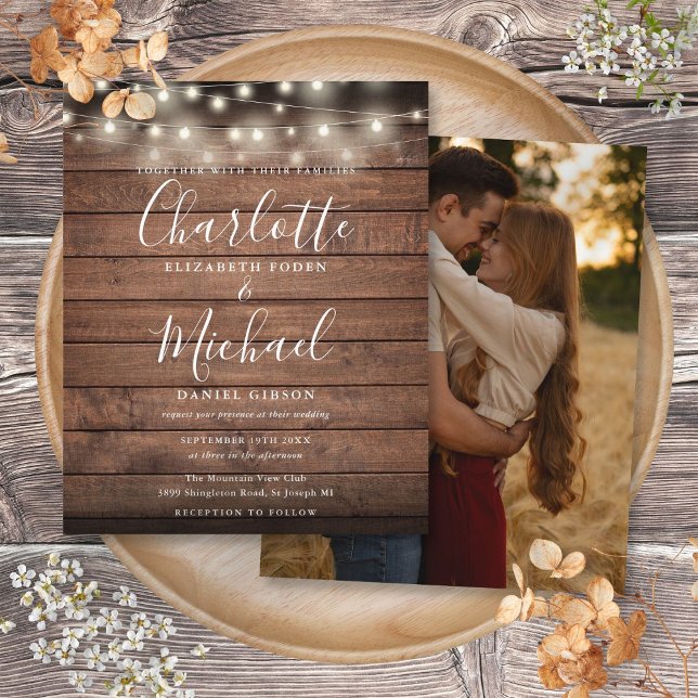 Faire-part de mariage photo Budget Rustique Lumièr (Budget Rustic Lights Photo Wedding Invitation)