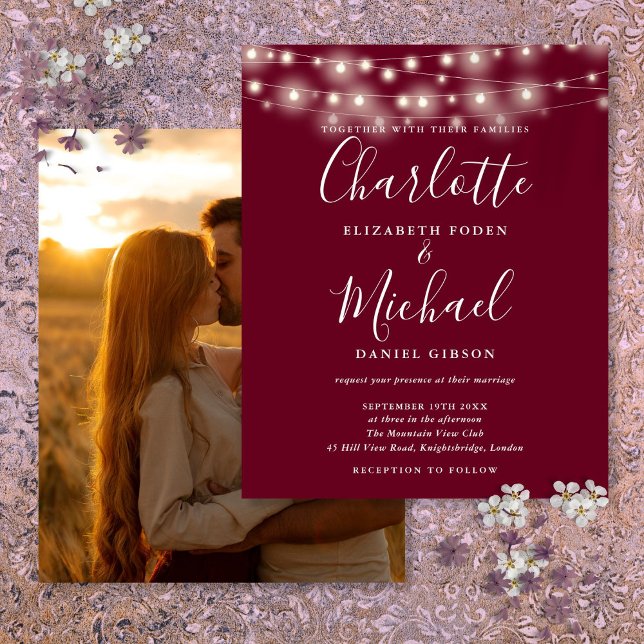 Faire-part de mariage photo Burgundy Budget Lumièr (Budget Burgundy Lights Photo Wedding Invitation)
