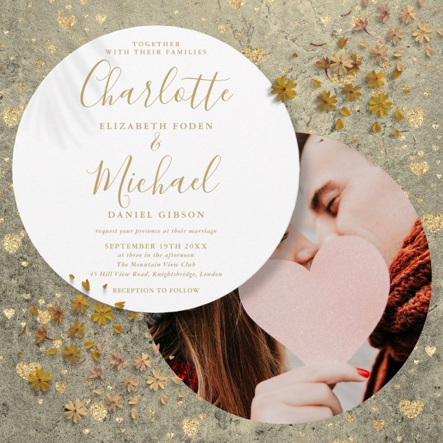 Faire-part de mariage photo circulaire écriture si (Gold Signature Script Circular Photo Wedding Invitation)