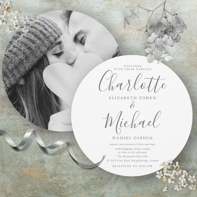 Faire-Part de Mariage Photo Circulaire Élégant Sig (Elegant Signature Circular Photo Wedding Invitation)