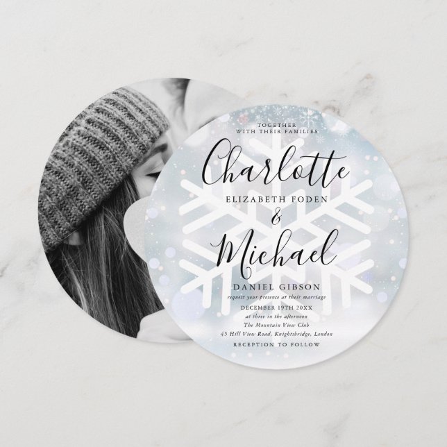 Faire-Part de Mariage Photo Circulaire Flocons de  (Devant / Derrière)