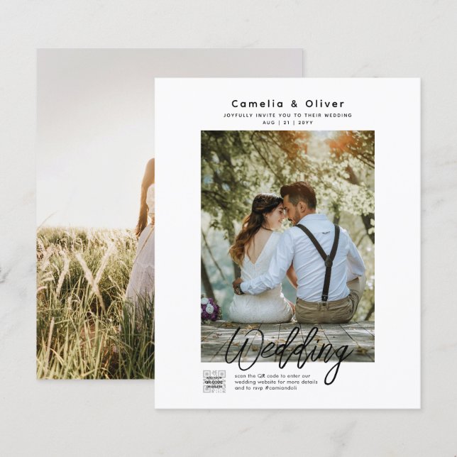 Faire-part de mariage photo classique blanc (Devant / Derrière)