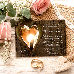 Faire-Part de Mariage Photo Coeur d'Arbre en Bois 
