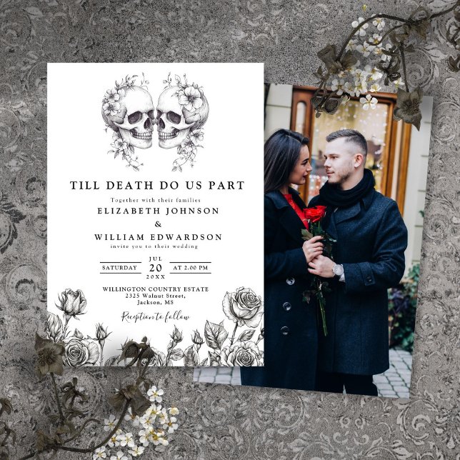 Faire-part de mariage photo crânes gothiques 'Jusq (Till Death Gothic Skulls Photo Wedding Invitation)