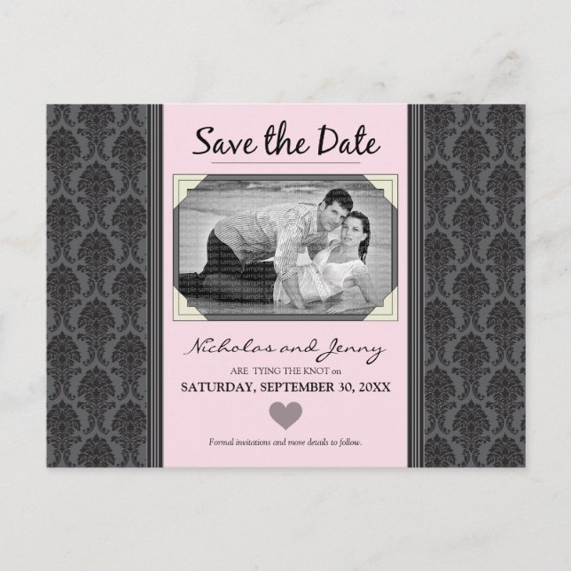 Faire-part de mariage Photo Damask Vintage Rose (Devant)