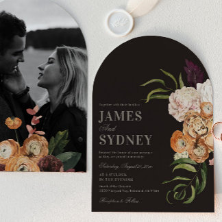 Faire-part de mariage photo d'arch florales sombre