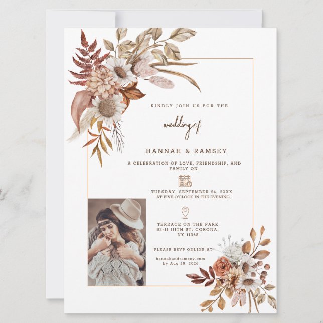 Faire-part de mariage photo d'automne de Boho. (Devant)