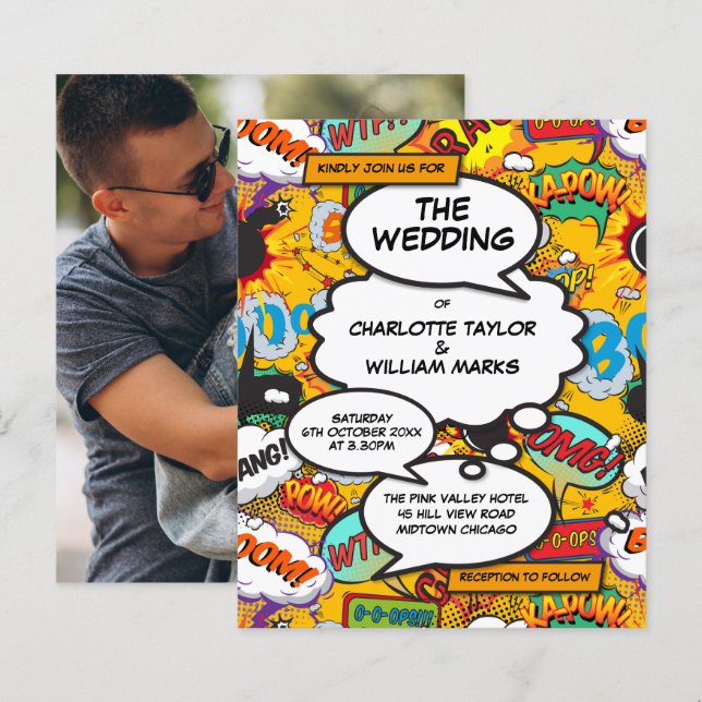 Faire-Part de Mariage Photo de Bande Dessinée de B (Devant / Derrière)