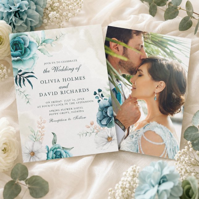 Faire-part de mariage photo de fleur sauvage sarce (Teal Wildflower Photo Wedding Invitation)