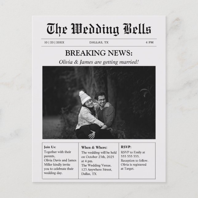 Faire-part de mariage photo de journal unique budg (Devant)