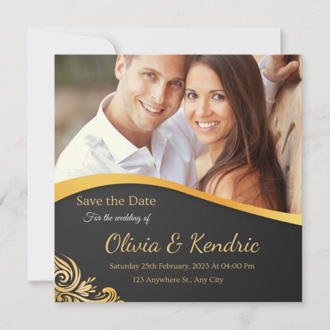 Faire-part de mariage photo de luxe Gold Black Ele (Devant)