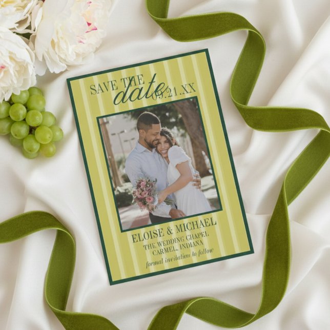 Faire-part de mariage photo élégant à rayures Char (Elegant Chartreuse Stripe Pattern Photo Wedding Invitation
)