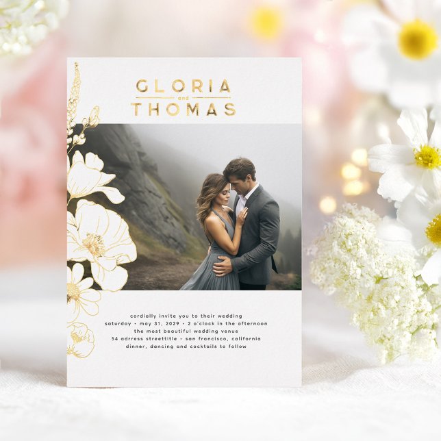 Faire-part de mariage photo élégant et moderne ave (Gold Foil Wildflowers Photo Wedding Invitation)
