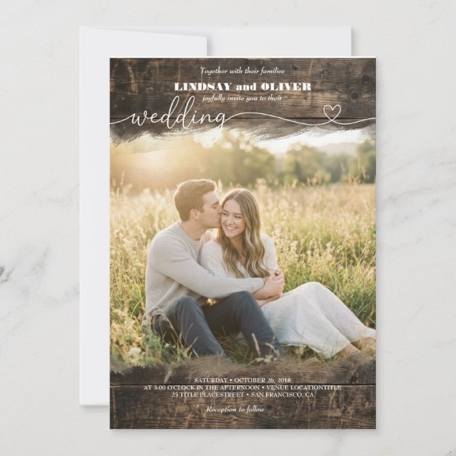 Faire-part de mariage photo en bois rustique à l'h (Devant)