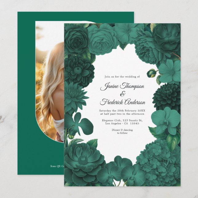 Faire-Part de Mariage Photo et Code QR Floral Vert (Devant / Derrière)