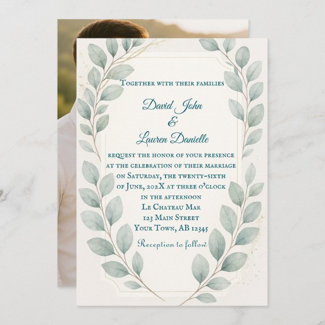 Faire-part de mariage photo Eucalyptus Embrasser (Devant / Derrière)