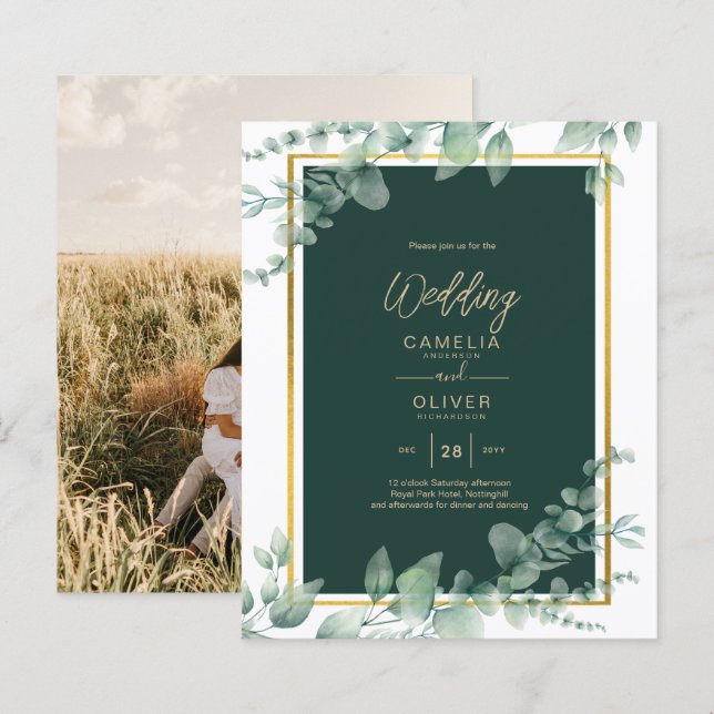 Faire-part de mariage PHOTO Eucalyptus Vert émerau (Devant / Derrière)