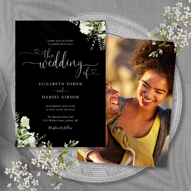 Faire-part de mariage photo feuillage écriture cœu (Black And White Heart Script Foliage Photo Wedding Invitation)