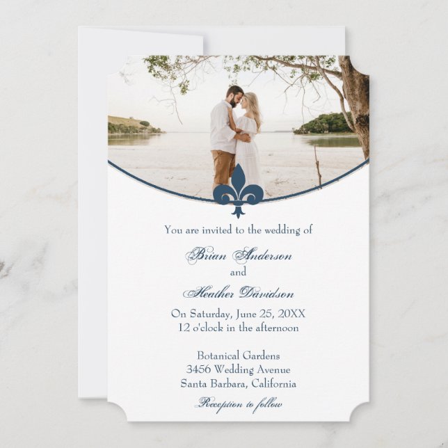 Faire-part de mariage photo Fleur de Lis bleu fonc (Devant)