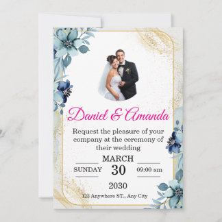Faire-part de mariage photo floral bleu poussiéreu