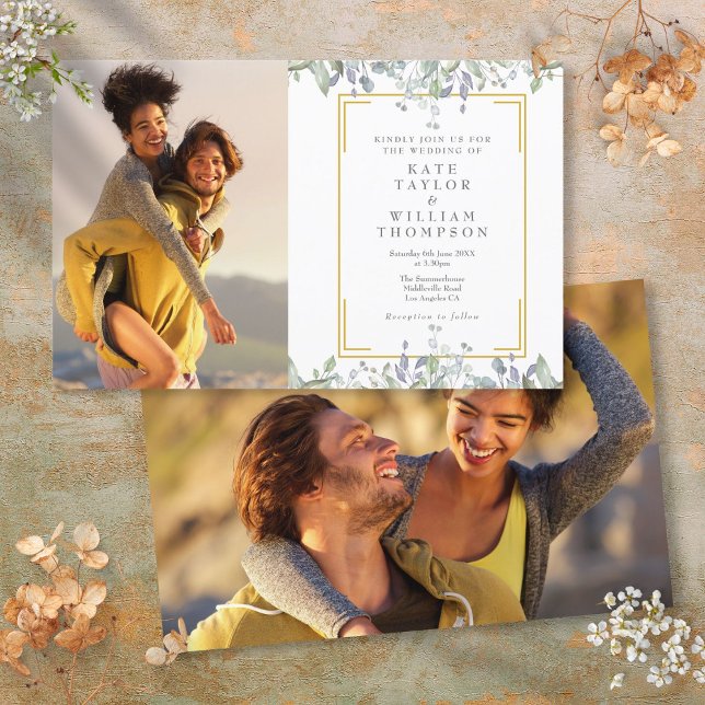 Faire-part de mariage photo floral Budget Greenery (Budget Greenery Floral 2 Photo Wedding Invitation)