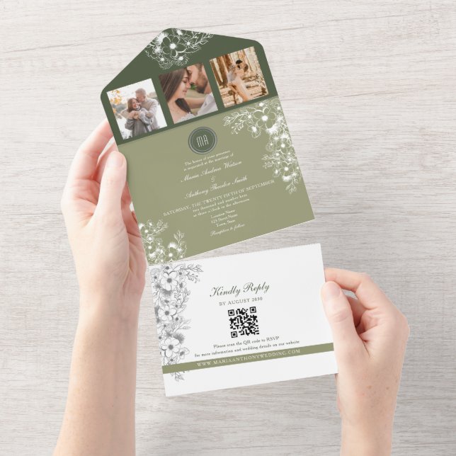 Faire-part de mariage photo floral vert olive sage (Déchirure)