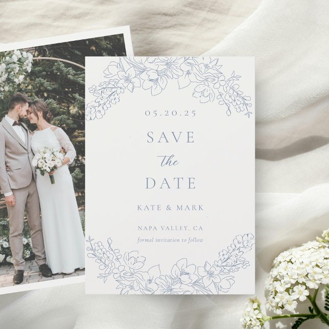 Faire-part de mariage photo florale bleue délicate (Créateur téléchargé)
