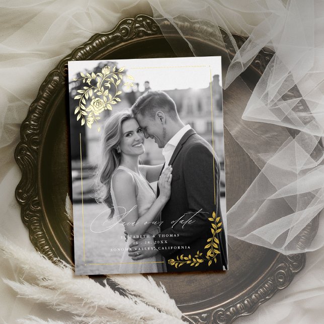 Faire-part de mariage photo formel aux roses dorée (foil wedding save the date photo card template roses floral botanical gold foil regal royal stately)