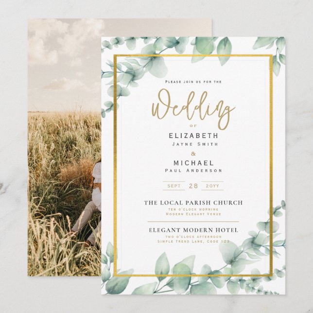 Faire-part de mariage PHOTO Greenery Gold (Devant / Derrière)