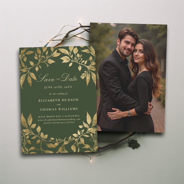 Faire-Part de Mariage Photo Magique de Feuillage d (Forest Foliage Botanical Photo Wedding Save Date Invite Enchanted Magical Fairy Tale Moody Gold)