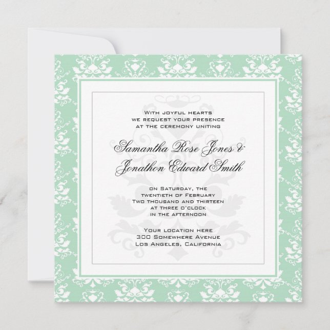 Faire-part de mariage photo Mint and White Damask (Devant)