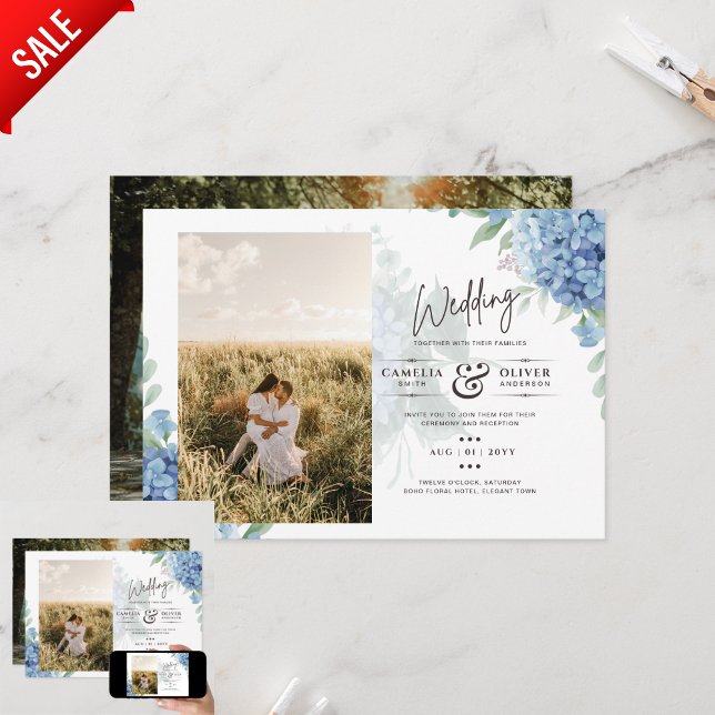 Faire-part de mariage photo moderne Blue Hydrangea (Créateur téléchargé)