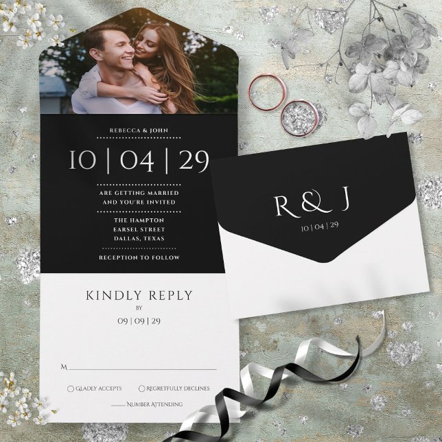 Faire-part de mariage photo monochrome avec monogr (Black And White Monogram Photo Wedding Date All In One Invitation)