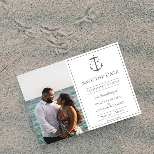 Faire-part de mariage photo monogramme nautique bl (White Nautical Monogram Photo Save the Date)