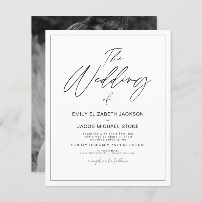 Faire-part de mariage photo noir et blanc Budget (Devant / Derrière)
