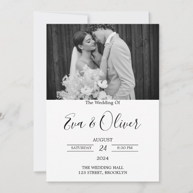 Faire-part de mariage photo noir et blanc simple (Devant)