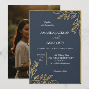 Faire-part de mariage photo or et bleu marine sur