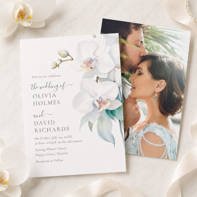 Faire-part de mariage photo orchidée blanche éléga (Modern Elegant White Orchid Photo Wedding Invite)