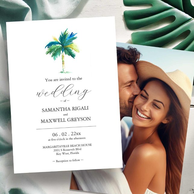 Faire-part de mariage photo Palmier à l'aquarelle (Watercolor Palm Tree wedding invitations with photo by Victoria Grigaliunas Do Tell A Belle)