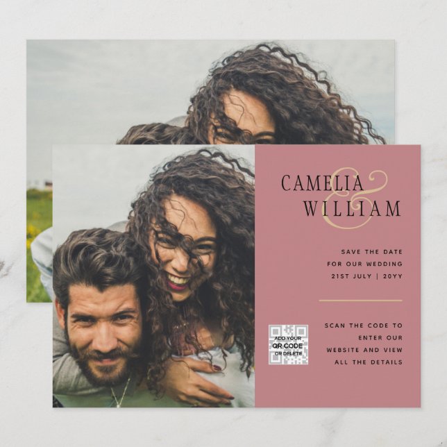 Faire-part de mariage photo QR Code Rose Poussiére (Devant / Derrière)