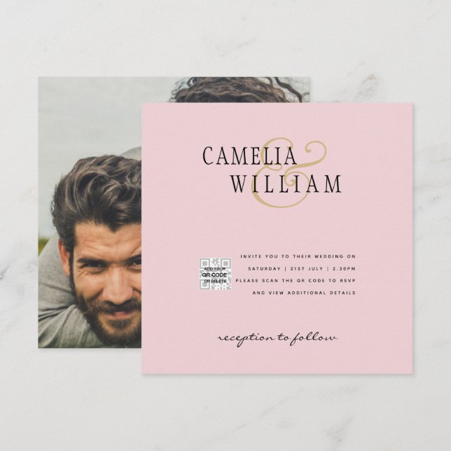 Faire-part de mariage photo QR Code rose saumonée  (Devant / Derrière)