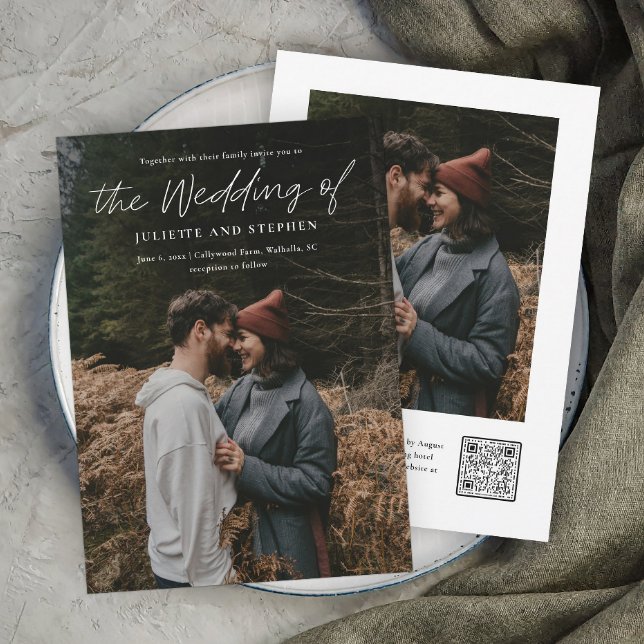 Faire-part de mariage photo QR code simple écritur (A modern minimal photo wedding invitation with QR Code RSVP on the back with additional photo.)