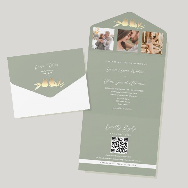 Faire-part de mariage photo QR Code vert sauge (Créateur téléchargé)