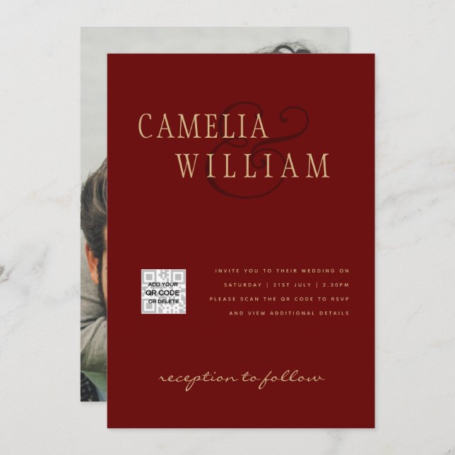 Faire-part de mariage photo QRCode RSVP Bourgogne  (Devant / Derrière)