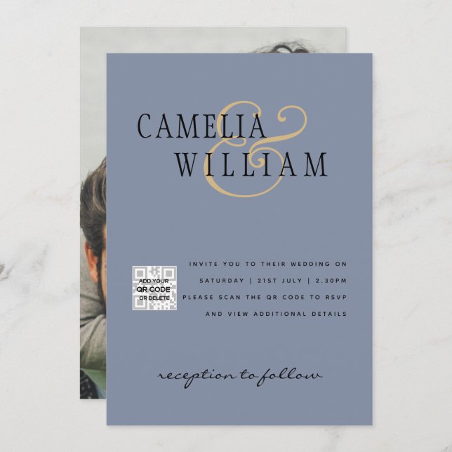 Faire-part de mariage photo QRCode RSVP Dusty Blue (Devant / Derrière)