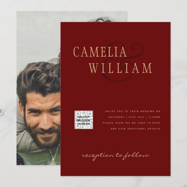 Faire-part de mariage photo QRCode RSVP Rouge Bour (Devant / Derrière)