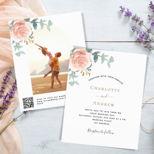Faire-part de mariage photo rose florale QR RSVP (Créateur téléchargé)